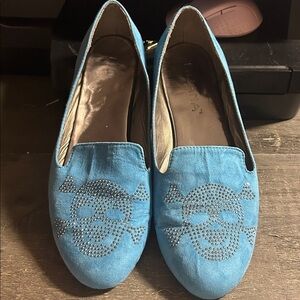 Liliana Blue Suede Loafers with Rhinestone Skull Accent‎ - Womens 9